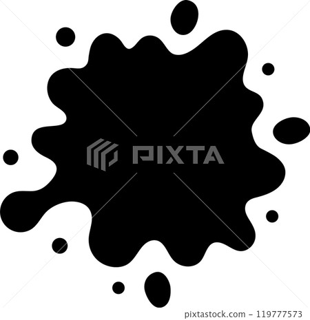 Black ink blob splatters on white, surrounded by smaller drops forming an abstract design. Messy splashes add a dynamic touch to this isolated paint splash 119777573