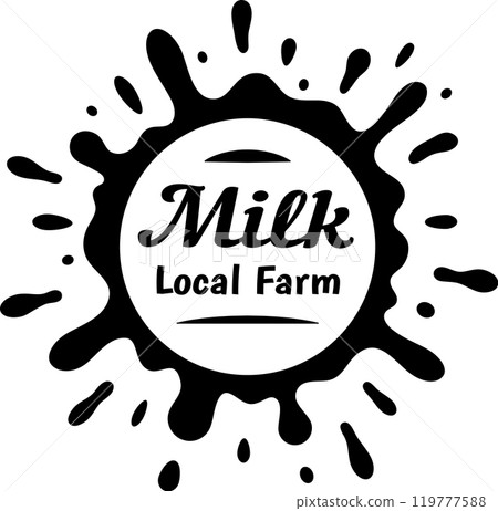 Charming vintage logo with milk and local farm words in black ink splatters behind a white circle, conveying freshness and tradition for dairy products. Perfect for marketing and branding Charming vintage logo with milk and local farm words in black ink splatters behind a white circle, conveying freshness and tradition for dairy products. Perfect for marketing and branding 119777588