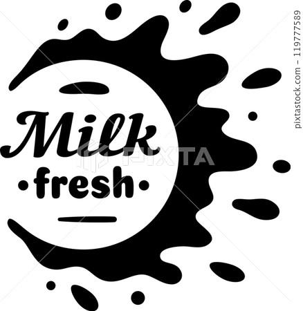 Stunning black ink milk splash with text inside, ideal for promoting freshness of dairy products. Captures essence of dairy goodness, perfect for ads and branding Stunning black ink milk splash with text inside, ideal for promoting freshness of dairy products. Captures essence of dairy goodness, perfect for ads and branding 119777589