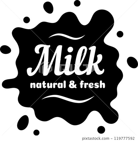 Black and white logo featuring stylized milk splash with text, emphasizing the natural and fresh qualities of dairy products 119777592
