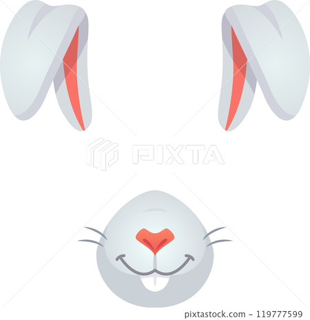 Adorable cartoon bunny face for easter and kids designs, with big smile, long ears, pink nose, isolated on white background. Cheerful mascot adds sweetness to your project. 119777599