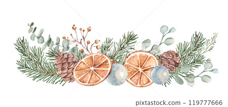 Winter plants Watercolor Garland. Christmas or New Year Composition. Fir Branches, Eucalyptus, Pine Cones and dry Orange slices with blue Glass Balls. Hand drawn Botanical illustration isolated on 119777666