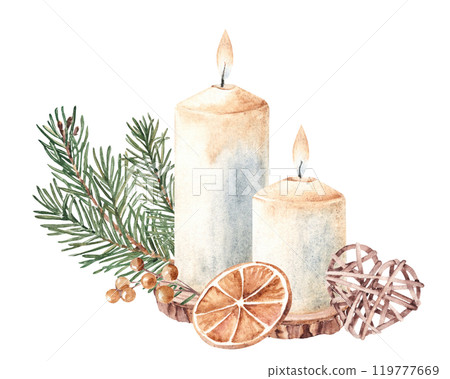 Christmas Candle Composition with Fir Branches, dry Orange slice and Wicker Toy. Heart made of rattan. Watercolor illustration isolated on white background. Second Advent. For Cards and Prints. 119777669