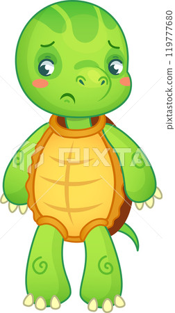 Sad turtle stands alone, looking upset and disappointed on a white background Sad turtle stands alone, looking upset and disappointed on a white background 119777680