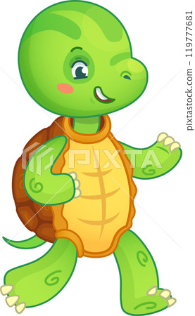 Cartoon illustration of a happy green turtle walking and winking, perfect for children s books, educational materials, and more 119777681