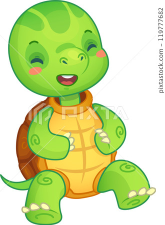 Cheerful cartoon turtle laughs with eyes closed, exuding joy and playfulness. Perfect for kids, toddlers, and preschoolers. Isolated on white, adds happiness to any design project 119777682