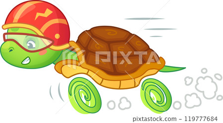 Cheerful cartoon turtle races with determination and energy, wearing a tiny helmet and leaving a cloud of dust behind. Perfect for children s books or branding Cheerful cartoon turtle races with determination and energy, wearing a tiny helmet and leaving a cloud of dust behind. Perfect for children s books or branding 119777684