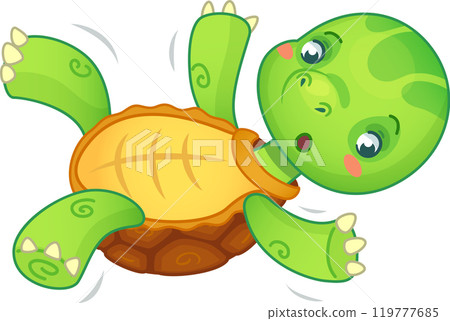 Cute cartoon turtle falls on its back, looking surprised and waving its legs in the air, expressing shock and panic in a colorful, playful design perfect for kids Cute cartoon turtle falls on its back, looking surprised and waving its legs in the air, expressing shock and panic in a colorful, playful design perfect for kids 119777685