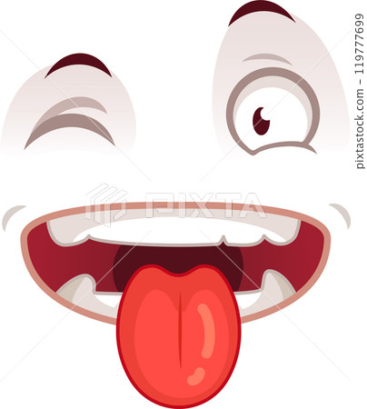 Playful cartoon face expressing positive emotions by being silly, winking, and sticking out its tongue, isolated on a white background 119777699