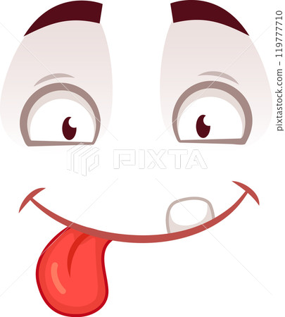 Funny cartoon face with big eyes and a silly expression, sticking out its tongue playfully, exuding humor and fun on a white background, perfect for various design projects 119777710