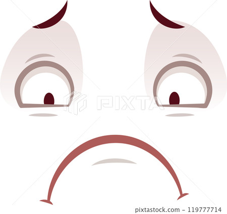 Illustration of a pair of eyes looking up with a worried expression and a large frowning mouth, expressing sadness and disappointment 119777714
