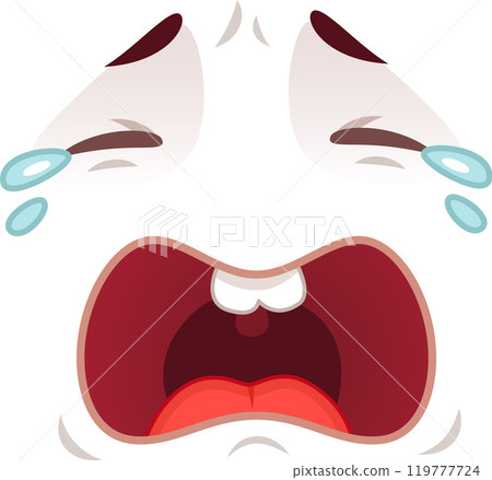 Cartoon face shows deep sadness, tears streaming down, mouth open in despair, embodying grief, sorrow, and pain 119777724