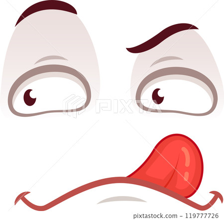 Silly cartoon face sticks out its tongue in confusion, with asymmetrical eyebrows and a funny expression. Perfect for adding humor to any project 119777726