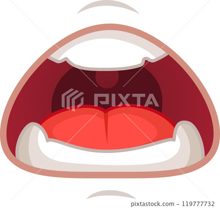 Colorful cartoon of a mouth wide open, teeth showing, and tongue out, conveying emotions like anger, fear, or surprise. Perfect for adding humor to designs 119777732