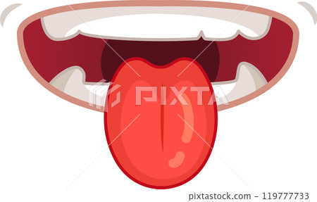 Comical mouth with red and pink lips and teeth, licking its lips playfully on a white background. Perfect for fun projects 119777733