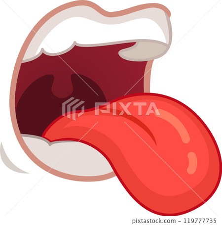 Cartoon mouth with tongue out on white background, focusing on teeth, tongue, and taste buds in red, pink, and white colors. Ideal for creative projects 119777735