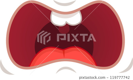 Cartoon illustration of a mouth wide open, teeth showing, and tongue out, as if experiencing a moment of intense fear or surprise Cartoon illustration of a mouth wide open, teeth showing, and tongue out, as if experiencing a moment of intense fear or surprise 119777742