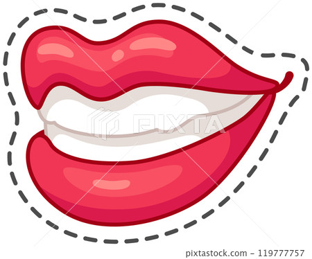 Cartoon illustration of red lips showing teeth with a big smile, isolated on a white background with a black dashed border Cartoon illustration of red lips showing teeth with a big smile, isolated on a white background with a black dashed border 119777757