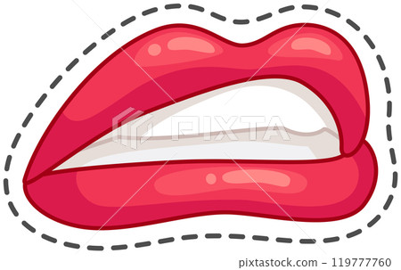 Cartoon illustration of red lips slightly parted showing teeth biting down, isolated on white background with black dashed cut out outline 119777760