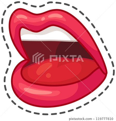 Playful image of glossy red lips framed with a black dashed line, hinting at exciting news or an important message. Perfect for beauty and communication themes 119777810