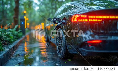 A sleek electric sports car being charged at a station during the rain, with glowing reflections A sleek electric sports car being charged at a station during the rain, with glowing reflections 119777821