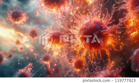 Close-up of a translucent human skull with red viruses invading, representing infection or disease, against a blurred background. Highly detailed, medical, and sci-fi themed Close-up of a translucent human skull with red viruses invading, representing infection or disease, against a blurred background. Highly detailed, medical, and sci-fi themed 119777823