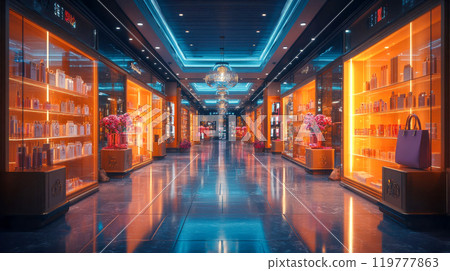 A vibrant shopping mall with luxury stores and brightly lit displays. Reflective marble flooring and elegant lighting create an upscale atmosphere A vibrant shopping mall with luxury stores and brightly lit displays. Reflective marble flooring and elegant lighting create an upscale atmosphere 119777863