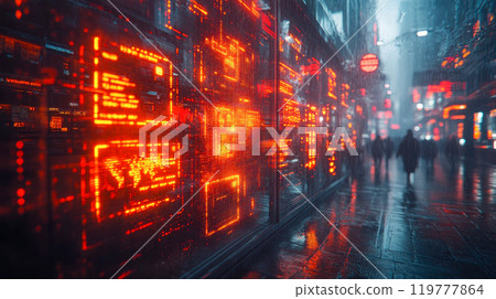 Urban scene at night with bright digital stock market tickers reflecting on wet city streets, capturing the fast-paced essence of finance and city life 119777864