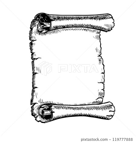 Antique paper scroll. Vector black and white graphics. Hand-drawn illustration on a white background. An element of the design of postcards, flyers, posters. For stickers, flyers, banners and more. 119777888