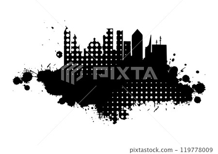 Black and white graphic drawing city and blots. hand drawing. Not AI. Vector illustration. 119778009
