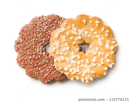 Sweet cookies in the shape of a flower. Tasty biscuits isolated on white background. Sweet cookies in the shape of a flower. Tasty biscuits isolated on white background. 119778215