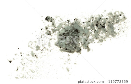 Dirty Melting snow mix with soil dust mud and splash fly in mid air. Dirty snow dust mud explode splash in winter, melt and thawing in spring. White background isolated element 119778569