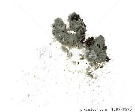 Dirty Melting snow mix with soil dust mud and splash fly in mid air. Dirty snow dust mud explode splash in winter, melt and thawing in spring. White background isolated element 119778570