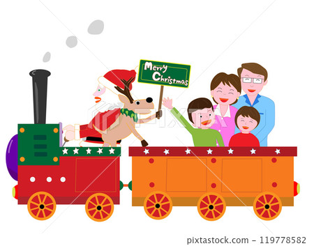 Santa Claus and his reindeer are delivering presents on Christmas Day. 119778582