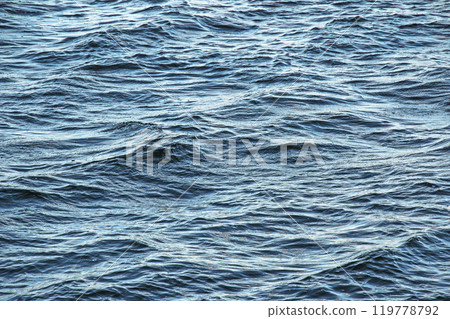 The background of the surface of the water of the river with small ripples and reflections of autumn colors. 119778792