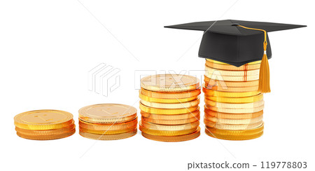 Graduation cap with stacks of growing gold coins. Education price increase, concept. 3D rendering Graduation cap with stacks of growing gold coins. Education price increase, concept. 3D rendering 119778803