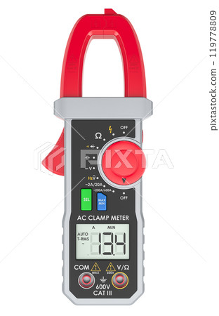 Digital Clamp Meter Multimeter, front view. 3D rendering Digital Clamp Meter Multimeter, front view. 3D rendering 119778809
