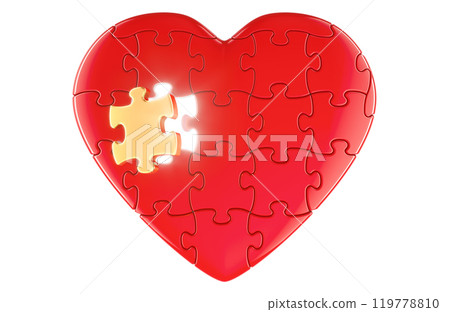 Red heart from puzzles without one gold piece with light inside, 3D rendering 119778810