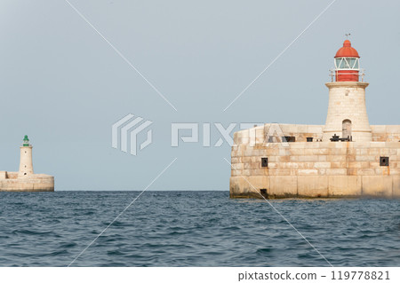 Breakwater towers, Saint Elmo Lighthouse and Ricasoli Lighthouse, Grand Harbour, Valletta, Malta 119778821