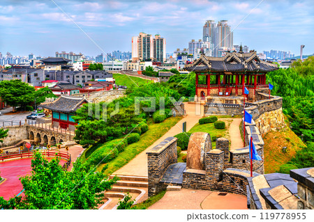 Banghwasuryujeong or Dongbukgangnu Pavilion of Hwaseong Fortress in Suwon, UNESCO world heritage in South Korea 119778955