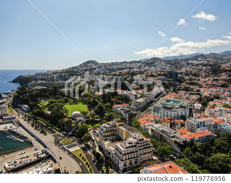 Aerial view of the coast of Funchal city on the island of Madeira Aerial view of the coast of Funchal city on the island of Madeira 119778956
