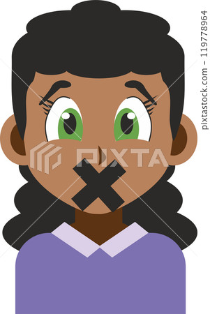 Illustration portrait of a young afro American woman with Japanese anime style graphics and colors in flat design with his mouth sealed by an X 119778964
