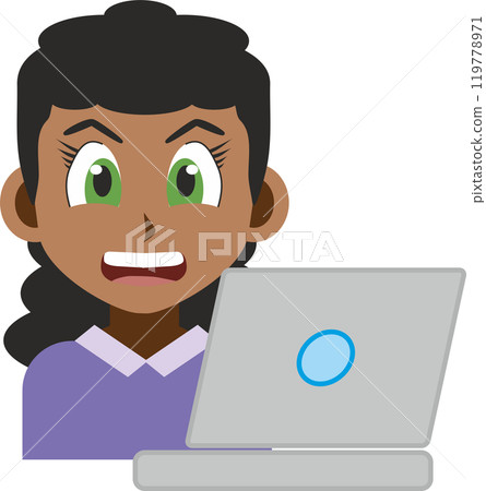 Japanese manga style illustration of a smiling african american young adult woman front view using a computer laptop 119778971