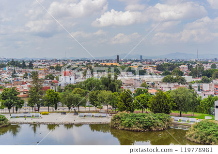 Panoramic view of Puebla city, Mexico. Scenic landscape, historic architecture, and urban exploration concept Panoramic view of Puebla city, Mexico. Scenic landscape, historic architecture, and urban exploration concept 119778981