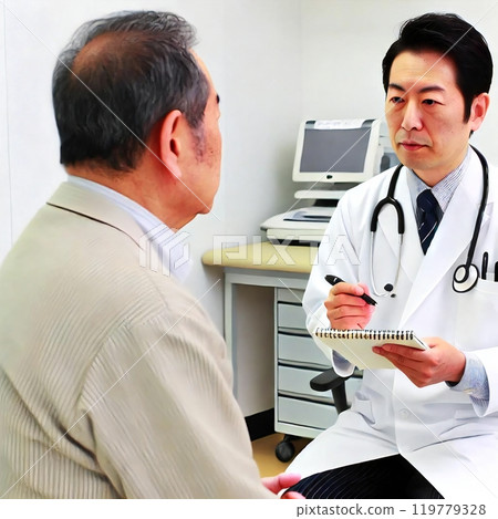 A generatively rendered scene of a doctor explaining a long-term treatment plan to an elderly male patient. 119779328
