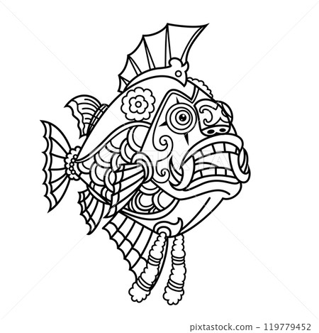 tattoo style black and white illustration of a fish art. Hand drawn fish tattoo. line drawing coloring book vector. tattoo style black and white illustration of a fish art. Hand drawn fish tattoo. line drawing coloring book vector. 119779452