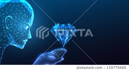 Value of innovation and creativity in technology concept with blue AI robotic head holding diamond  119779488