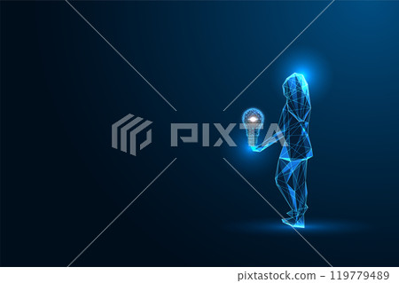 Female entrepreneurship illustration with woman silhouette holding lightbulb on dark blue background 119779489