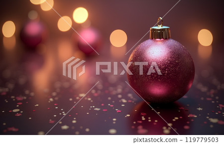 Pink Christmas ornament shines against a backdrop of soft warm lights and colorful confetti during the festive season 119779503