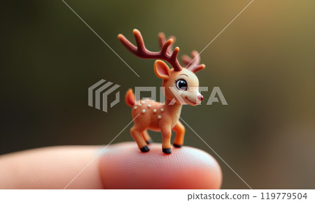 A tiny toy deer stands on a fingertip against a blurred natural background during a sunny afternoon 119779504
